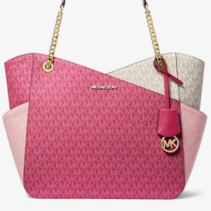 MICHAEL KORS Pink & White Bag Large Color-Block Logo Shoulder Bag Tote
